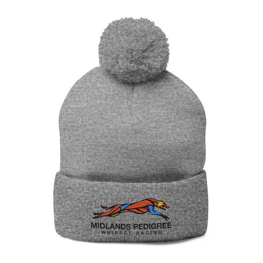Embroidered Pom-Pom Beanie — Midlands Pedigree Grey Knit Cap